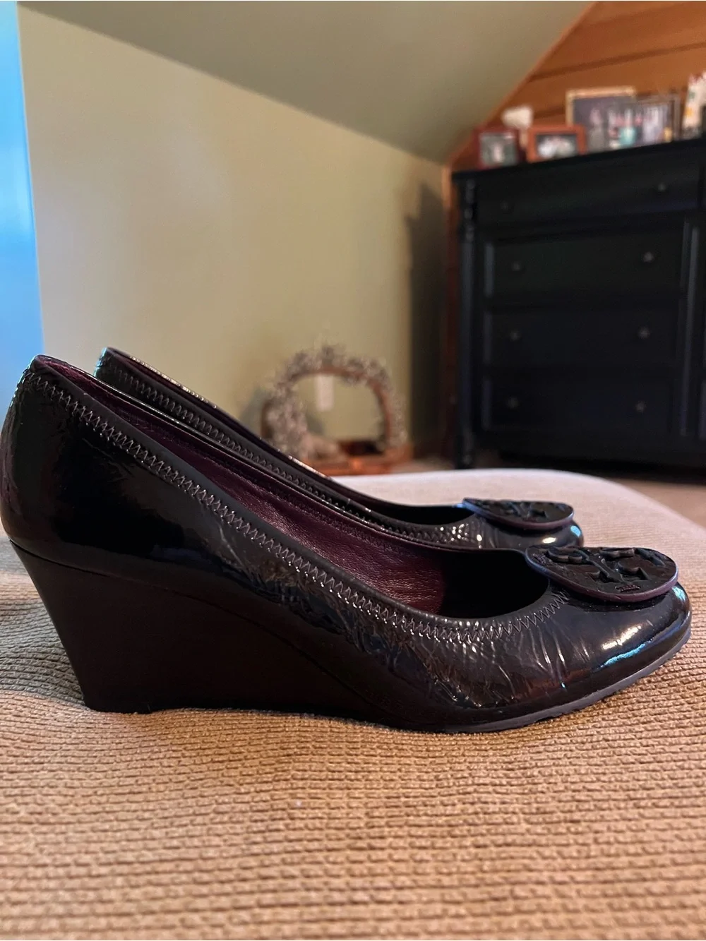 Tory Burch Deep Burgundy Patent Leather Logo Wedges with Deep Burgundy Insole